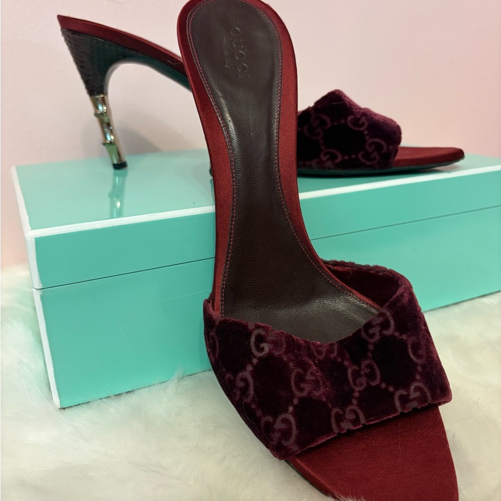Gucci Burgundy Velvet Mules - Picture 1 of 15